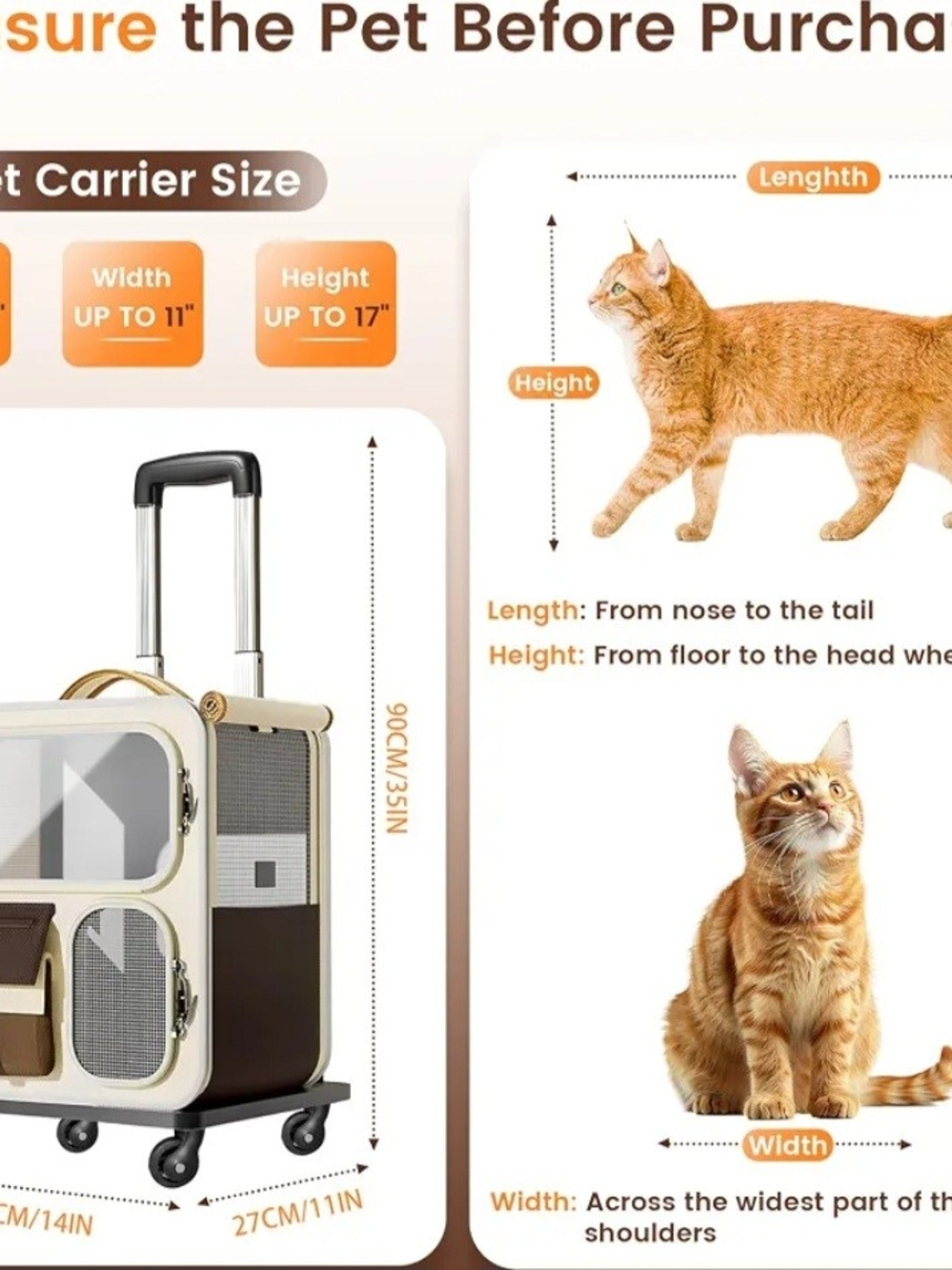 Cat Carrier with Wheels,Foldable Rolling Pets Carrier on Wheel Outdoor Large Cat - Picture 2 of 7